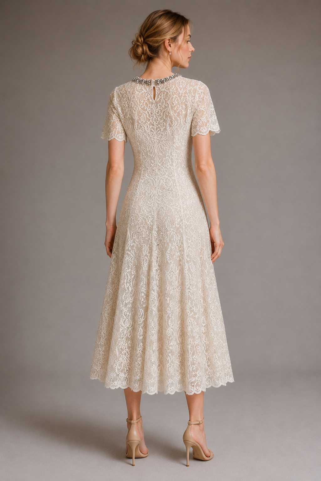 Champagne Lace Midi Dress With Beaded Neck（（With built-in slip lining）