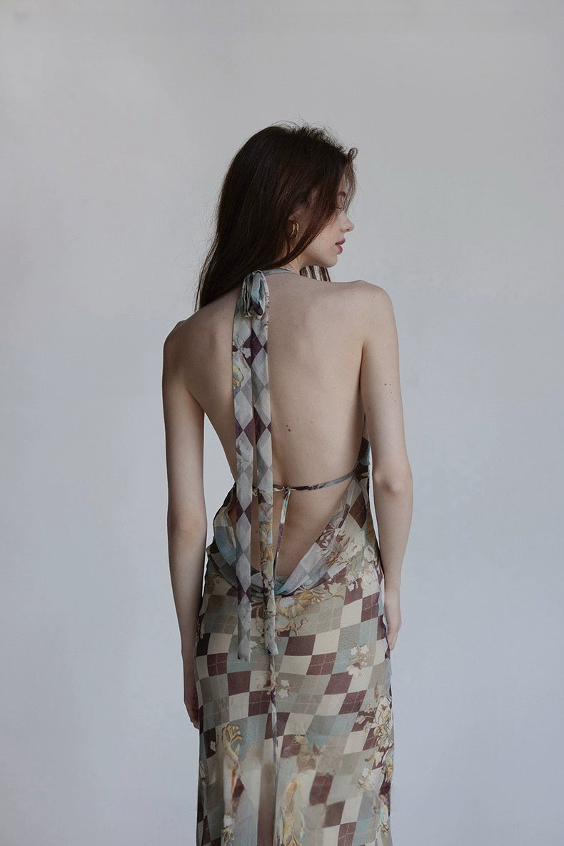 Pear Blossom Checkered Silk Bias-Cut Deep V-Back Resort Dress Set
