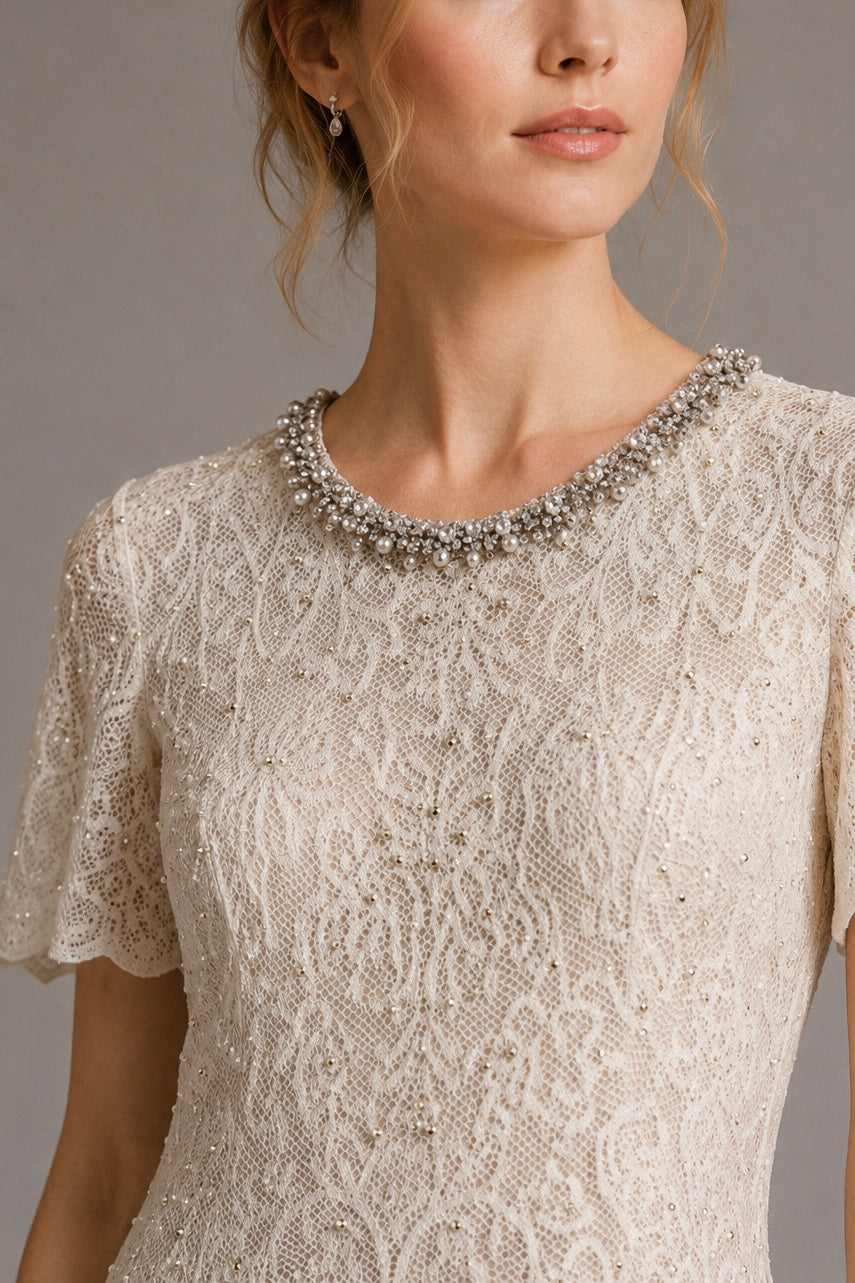 Champagne Lace Midi Dress With Beaded Neck（（With built-in slip lining）