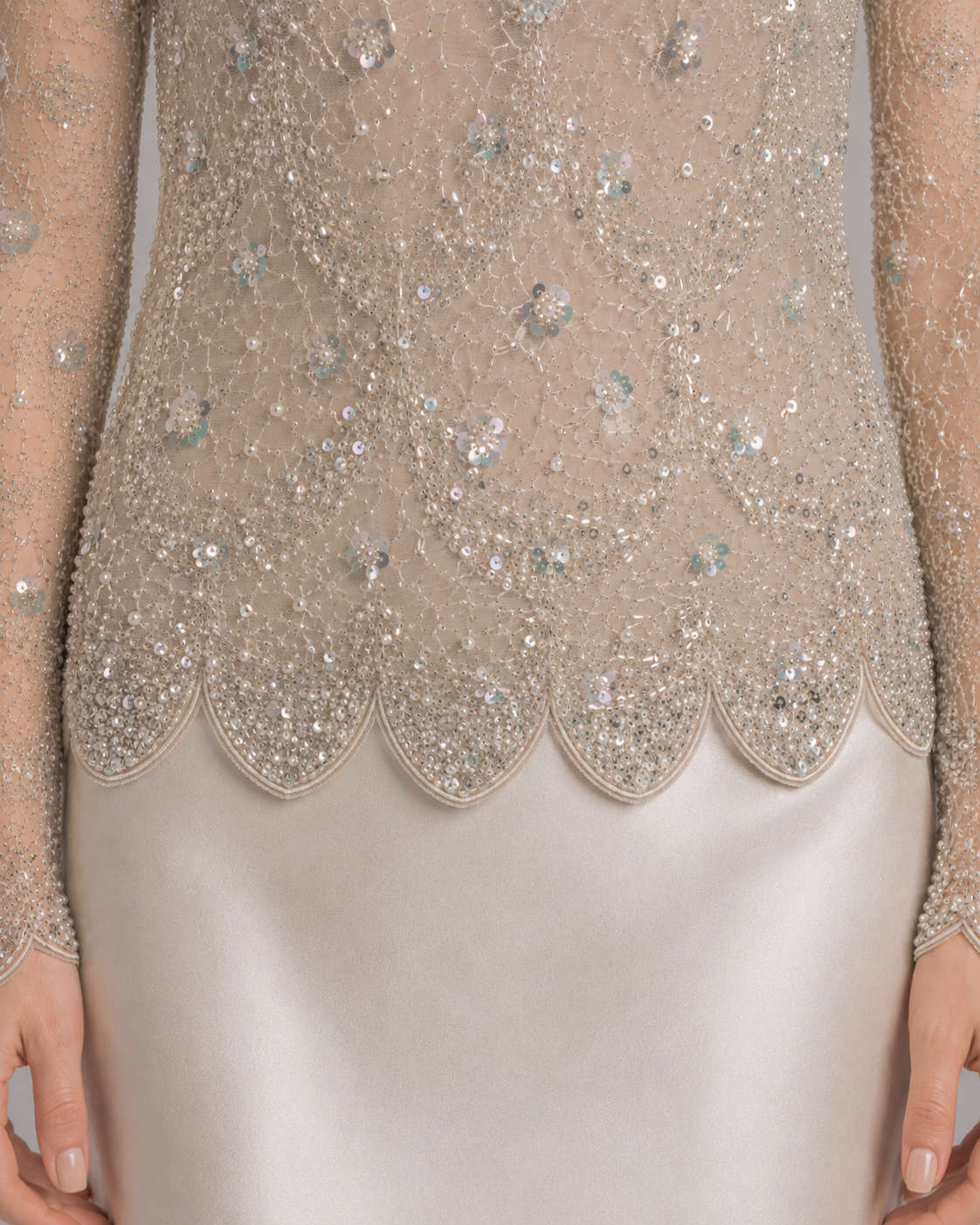 Beaded Sheer Long Sleeve Scalloped Blouse