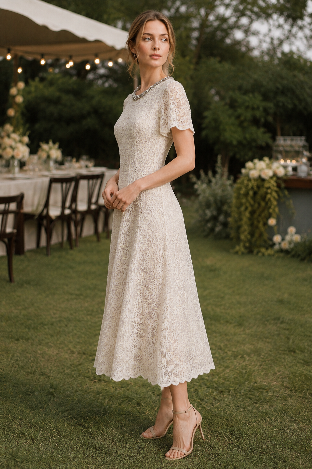 Champagne Lace Midi Dress With Beaded Neck（（With built-in slip lining）