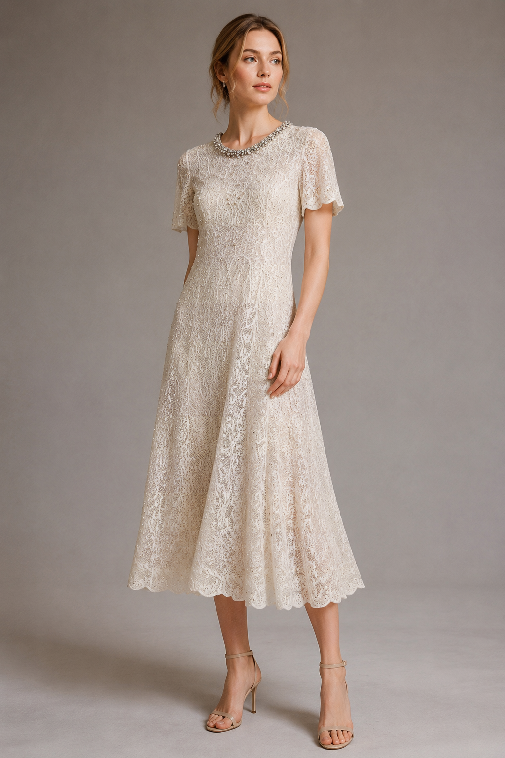 Champagne Lace Midi Dress With Beaded Neck（（With built-in slip lining）