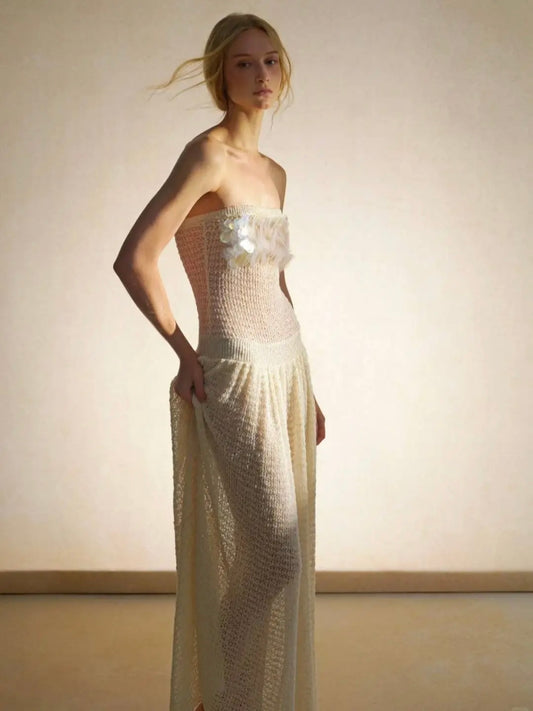 Indian Handmade High-Customization Sheer Sequin Pearl Hollow-Out Ruched Knitted Crop Top Dress
