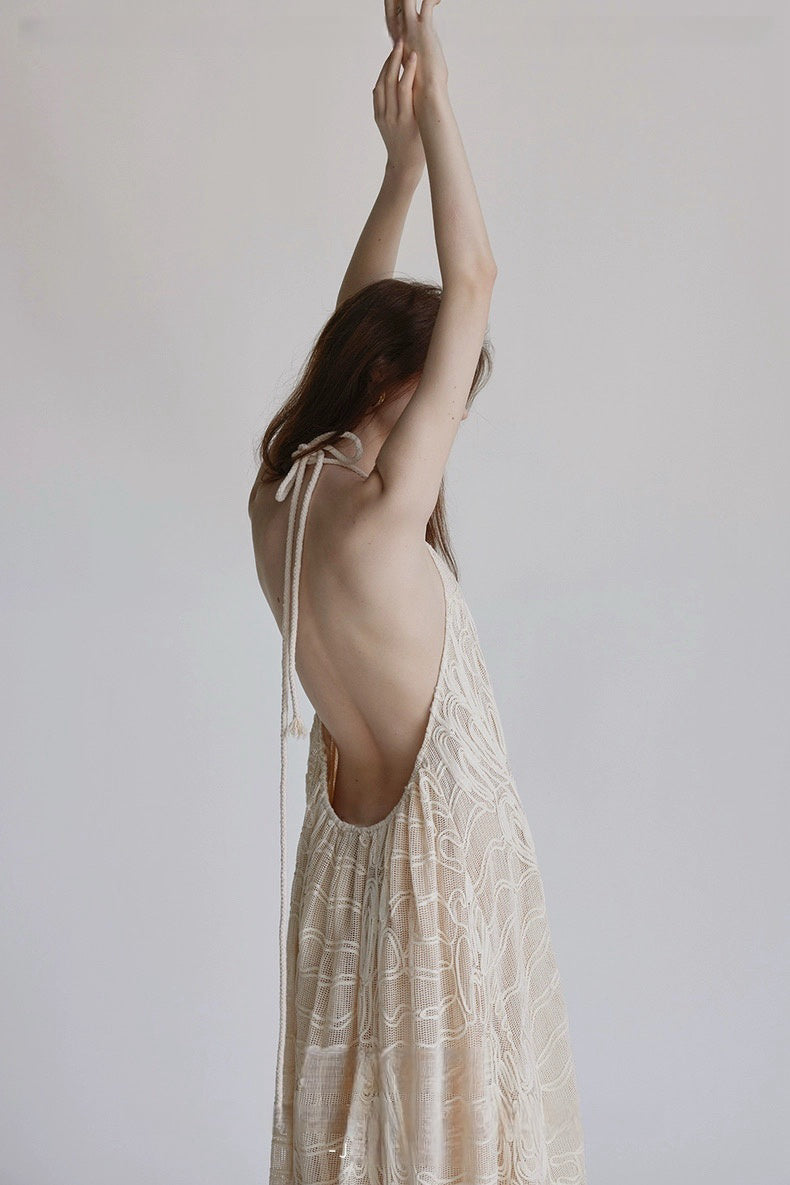 Woven Beige Woven Backless Vacation Dress