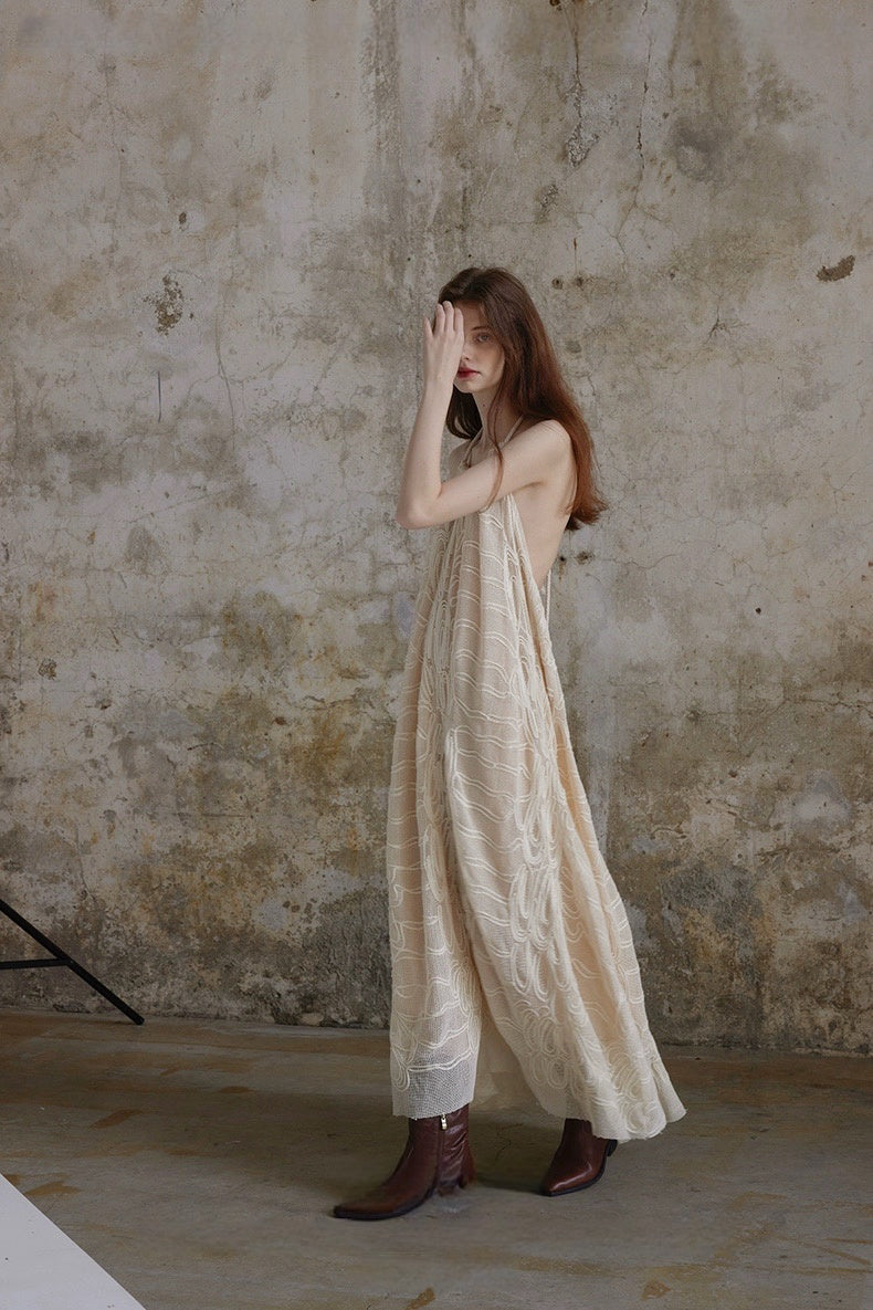 Woven Beige Woven Backless Vacation Dress