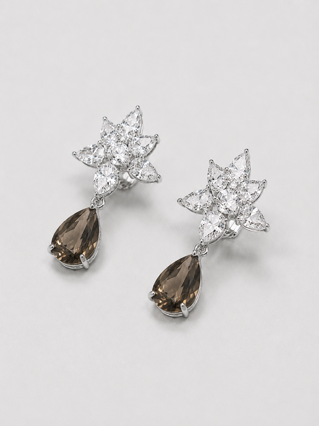 Floral Pave Smoky Quartz Drop Earrings S925 Sterling Silver
