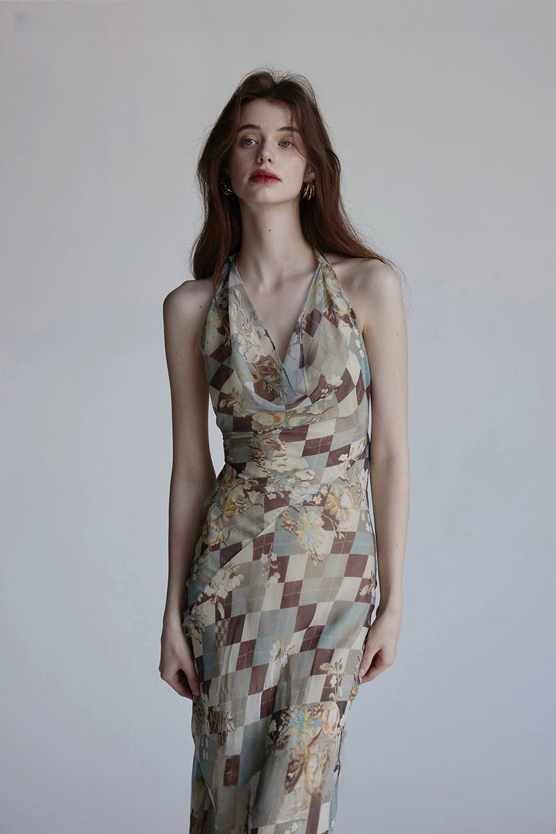 Pear Blossom Checkered Silk Bias-Cut Deep V-Back Resort Dress Set