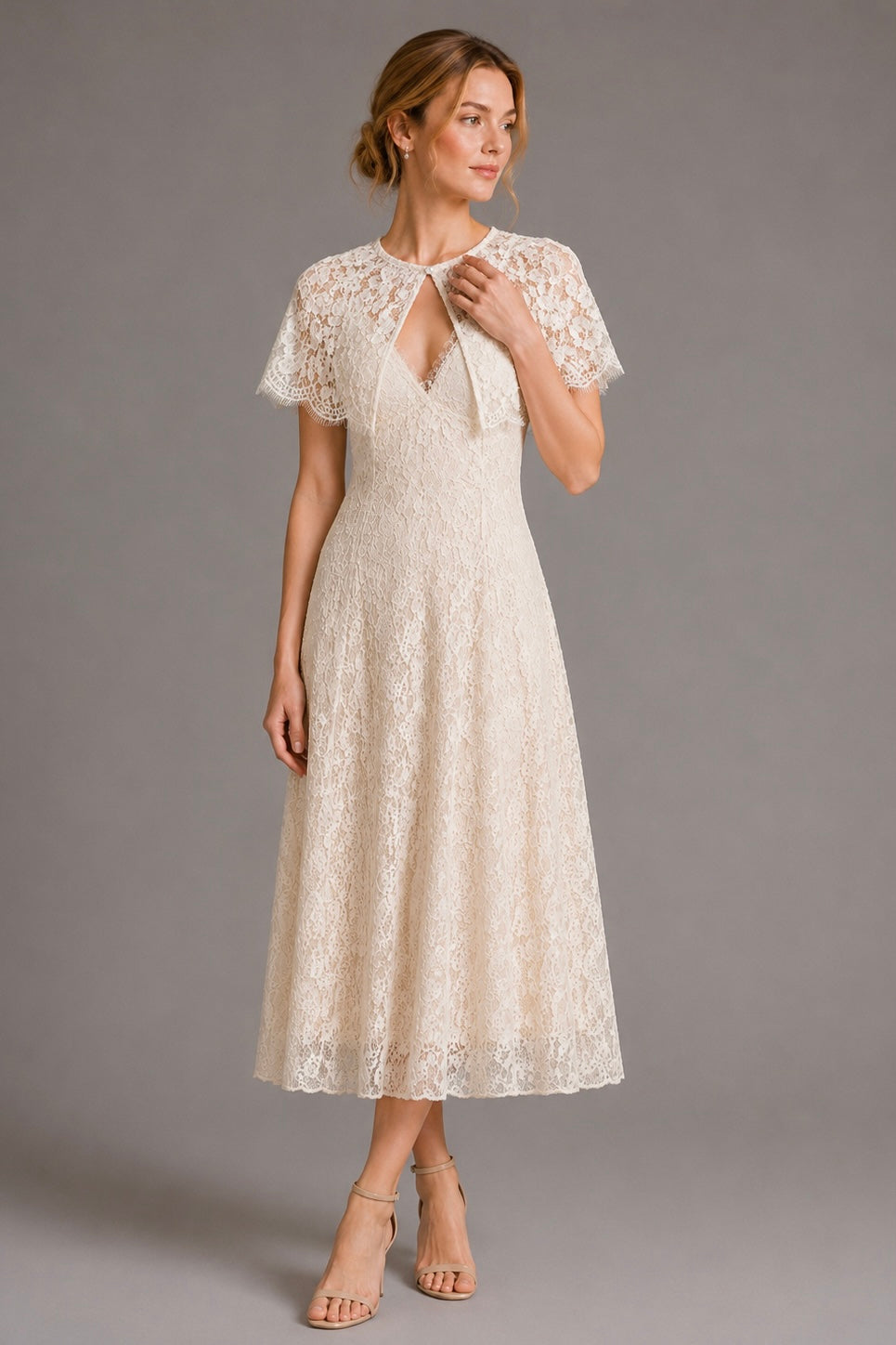 Detachable Lace Cape Midi Slip Dress With Built-In Bra