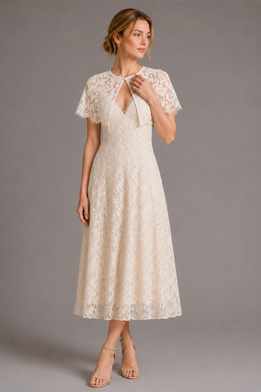 Detachable Lace Cape Midi Slip Dress With Built-In Bra