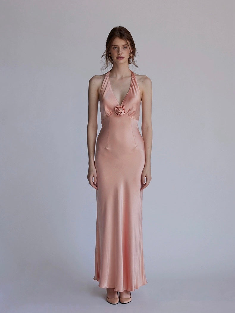 Coral pink orange rose backless holiday dress