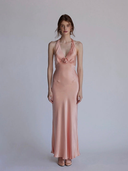 Coral pink orange rose backless holiday dress