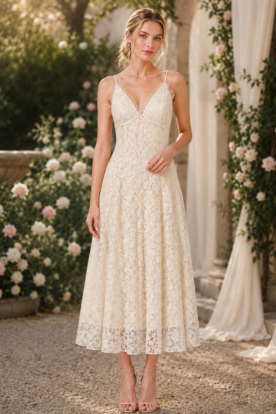 Detachable Lace Cape Midi Slip Dress With Built-In Bra