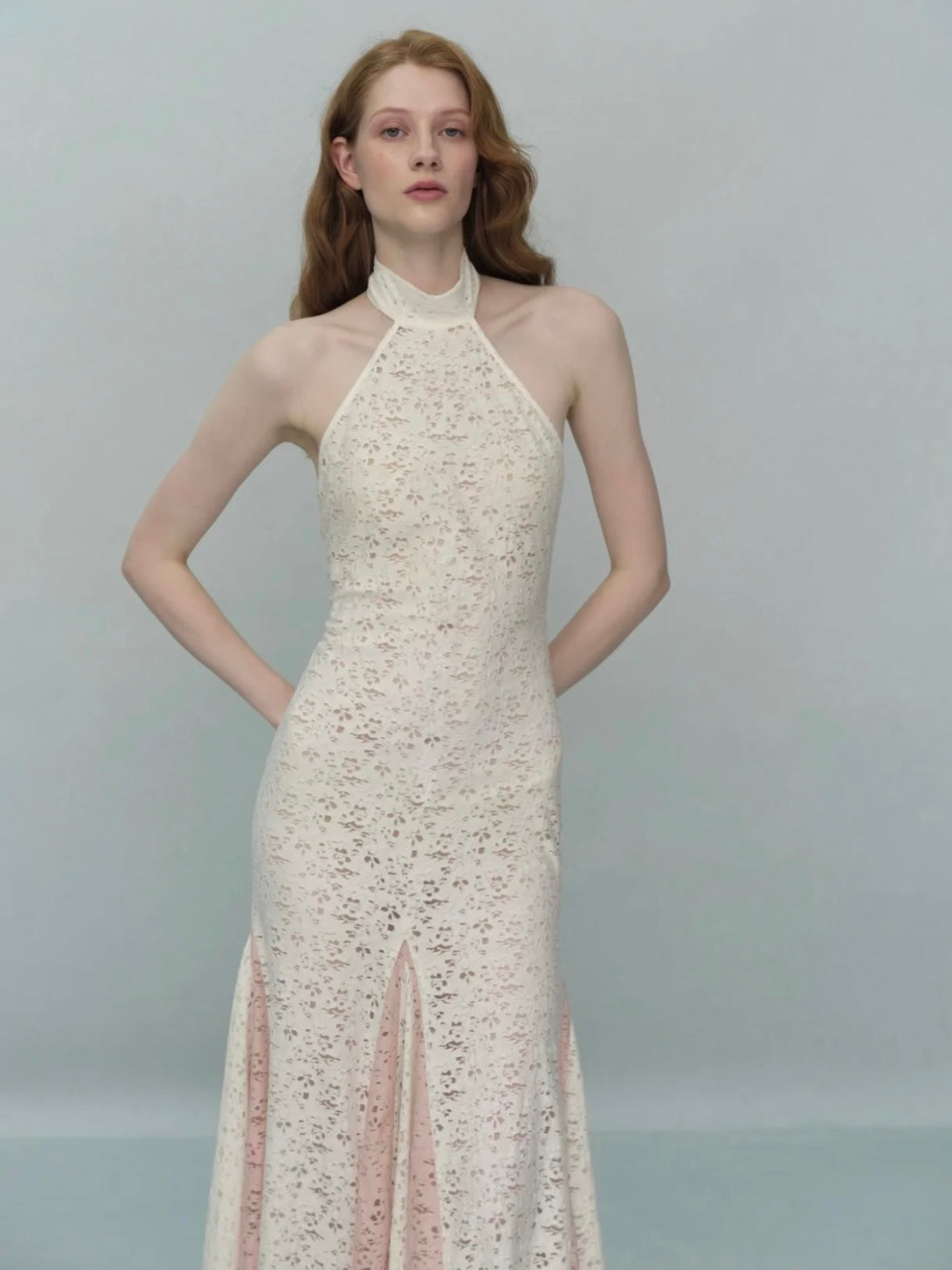 Stitched knitted halter neck backless dress