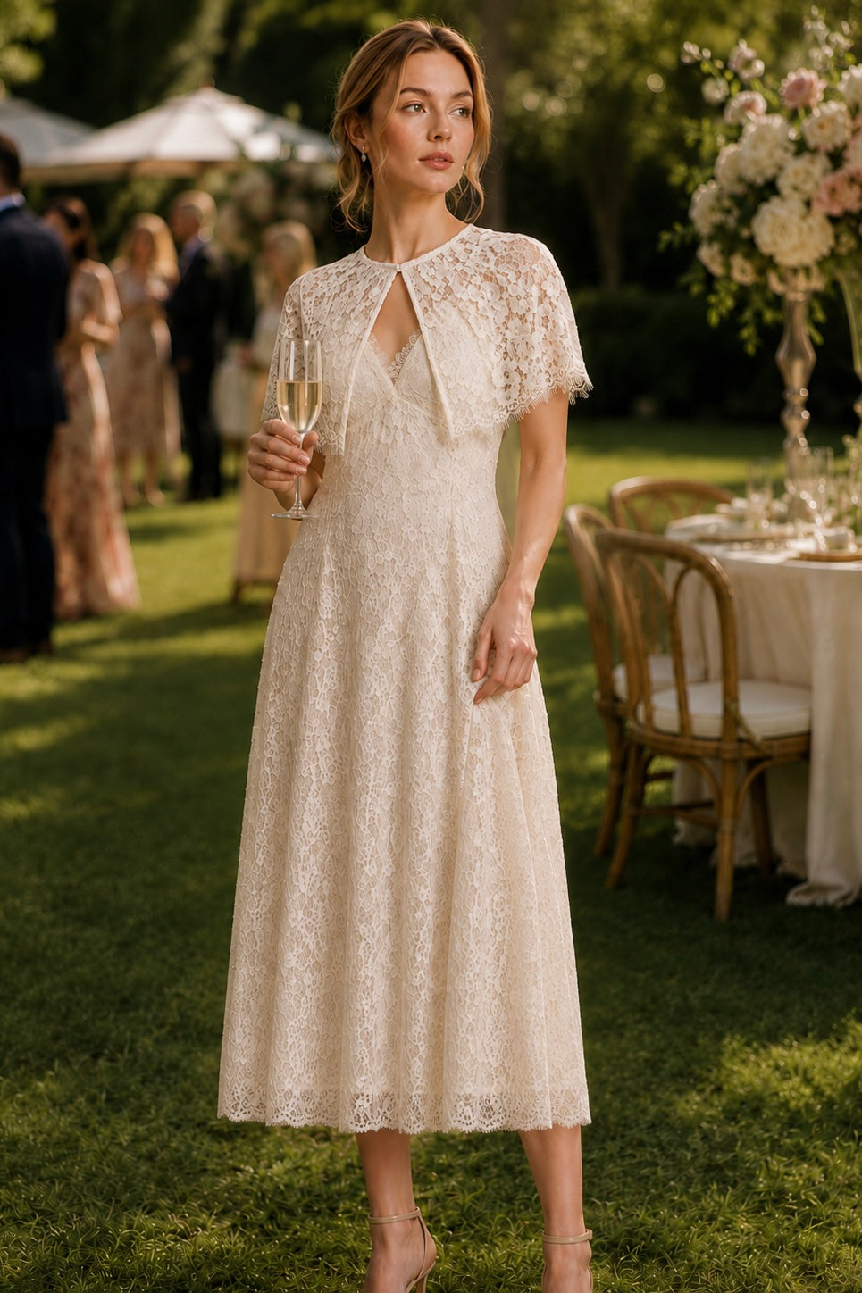 Detachable Lace Cape Midi Slip Dress With Built-In Bra