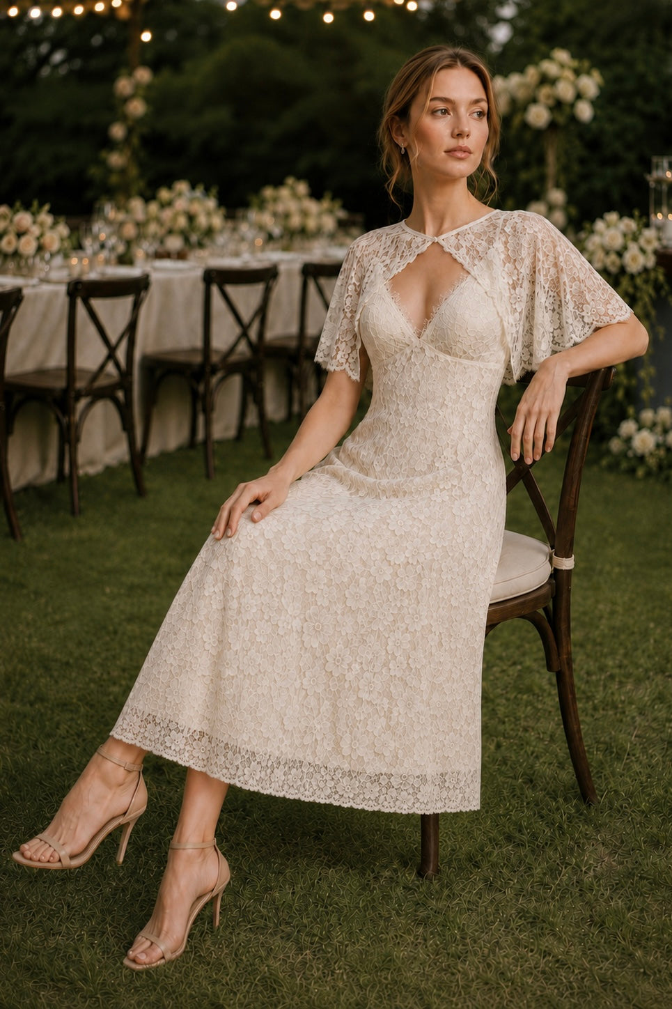 Detachable Lace Cape Midi Slip Dress With Built-In Bra