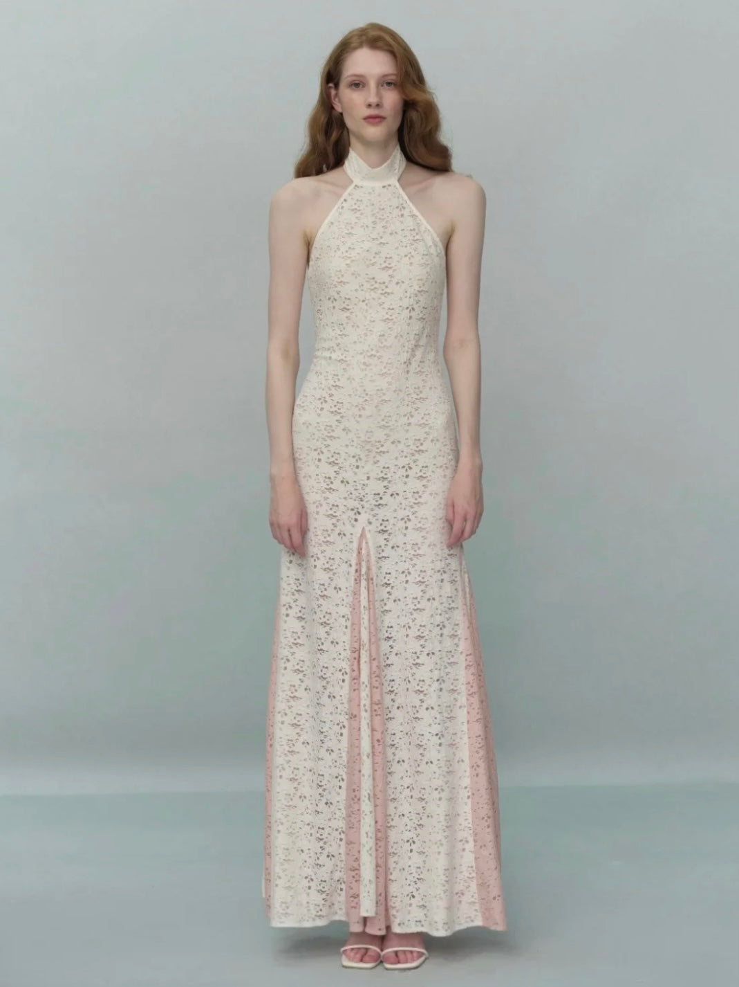 Stitched knitted halter neck backless dress