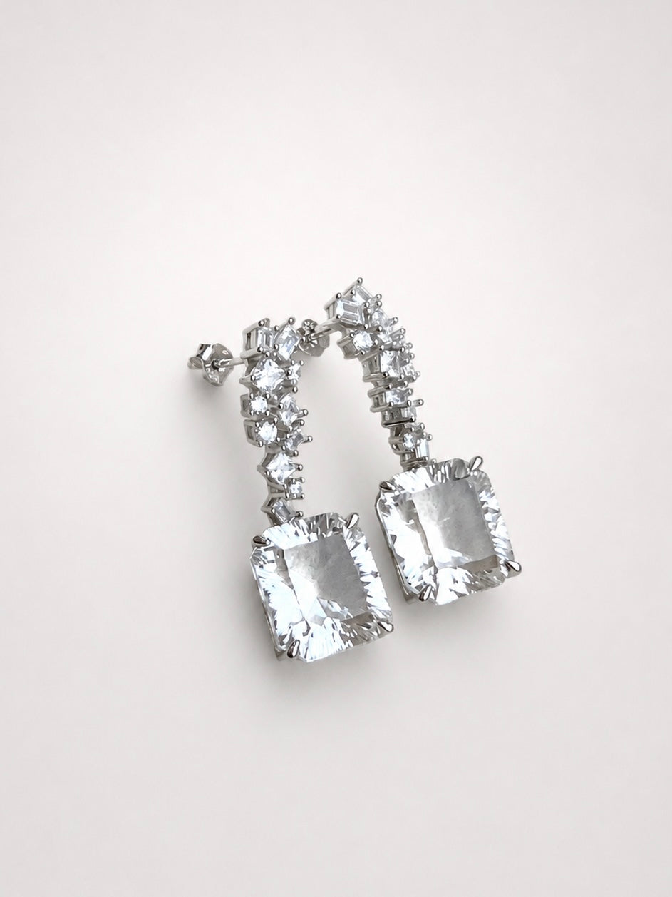 Radiant Cut White Crystal Dangle Earrings S925 Sterling Silver