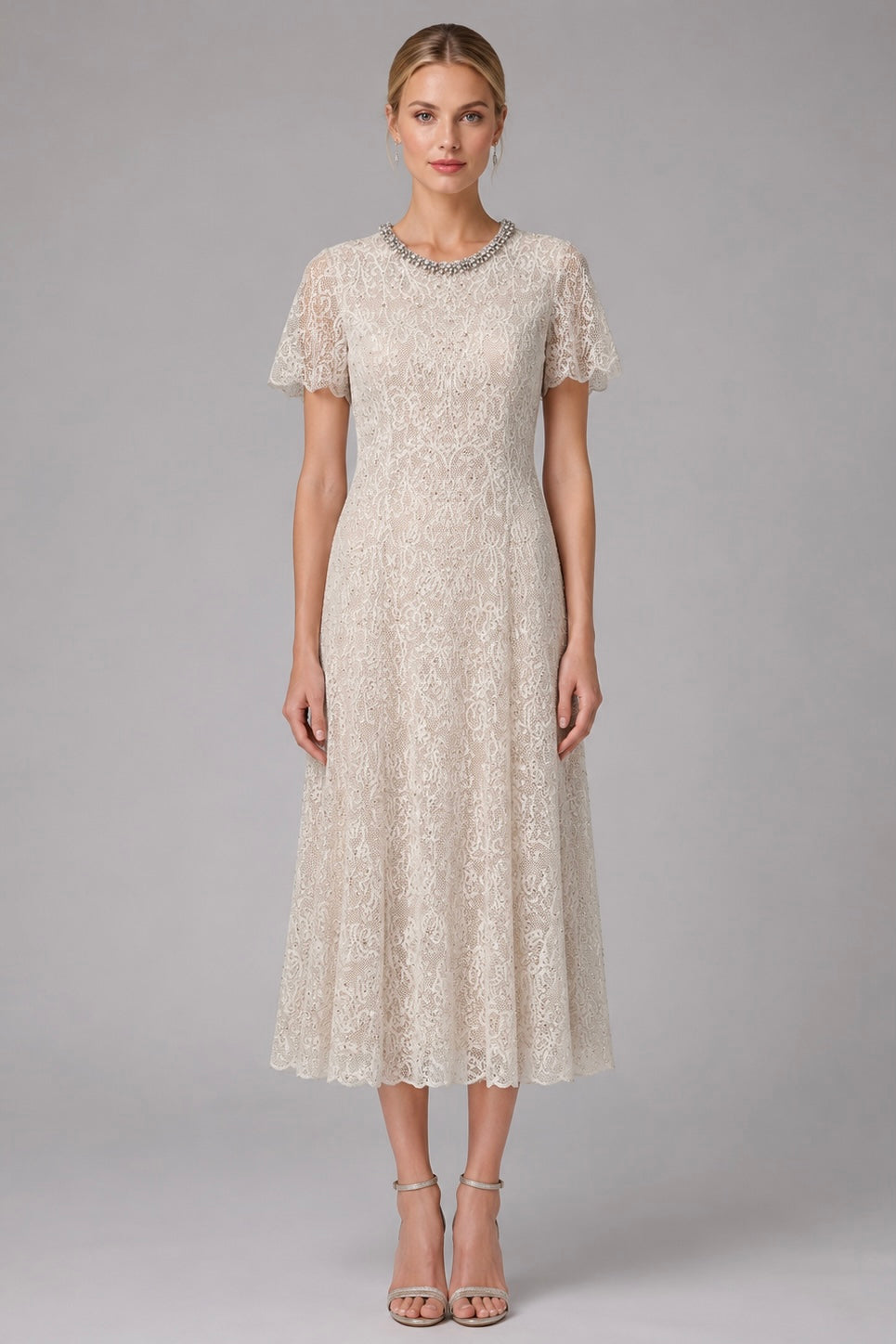 Champagne Lace Midi Dress With Beaded Neck（（With built-in slip lining）