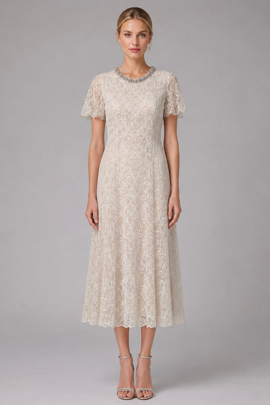 Champagne Lace Midi Dress With Beaded Neck（（With built-in slip lining）