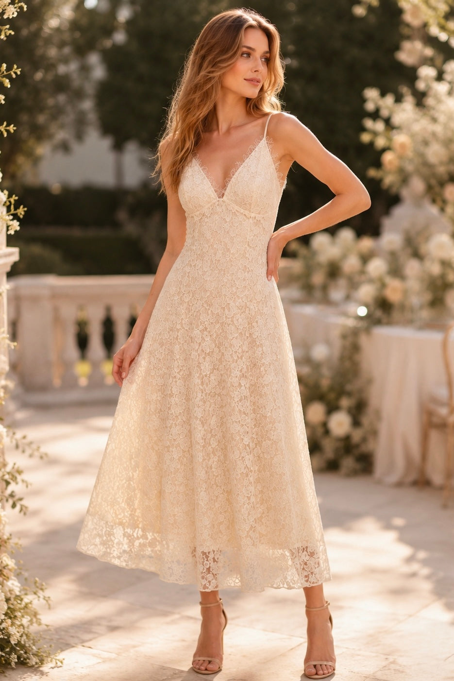 Detachable Lace Cape Midi Slip Dress With Built-In Bra