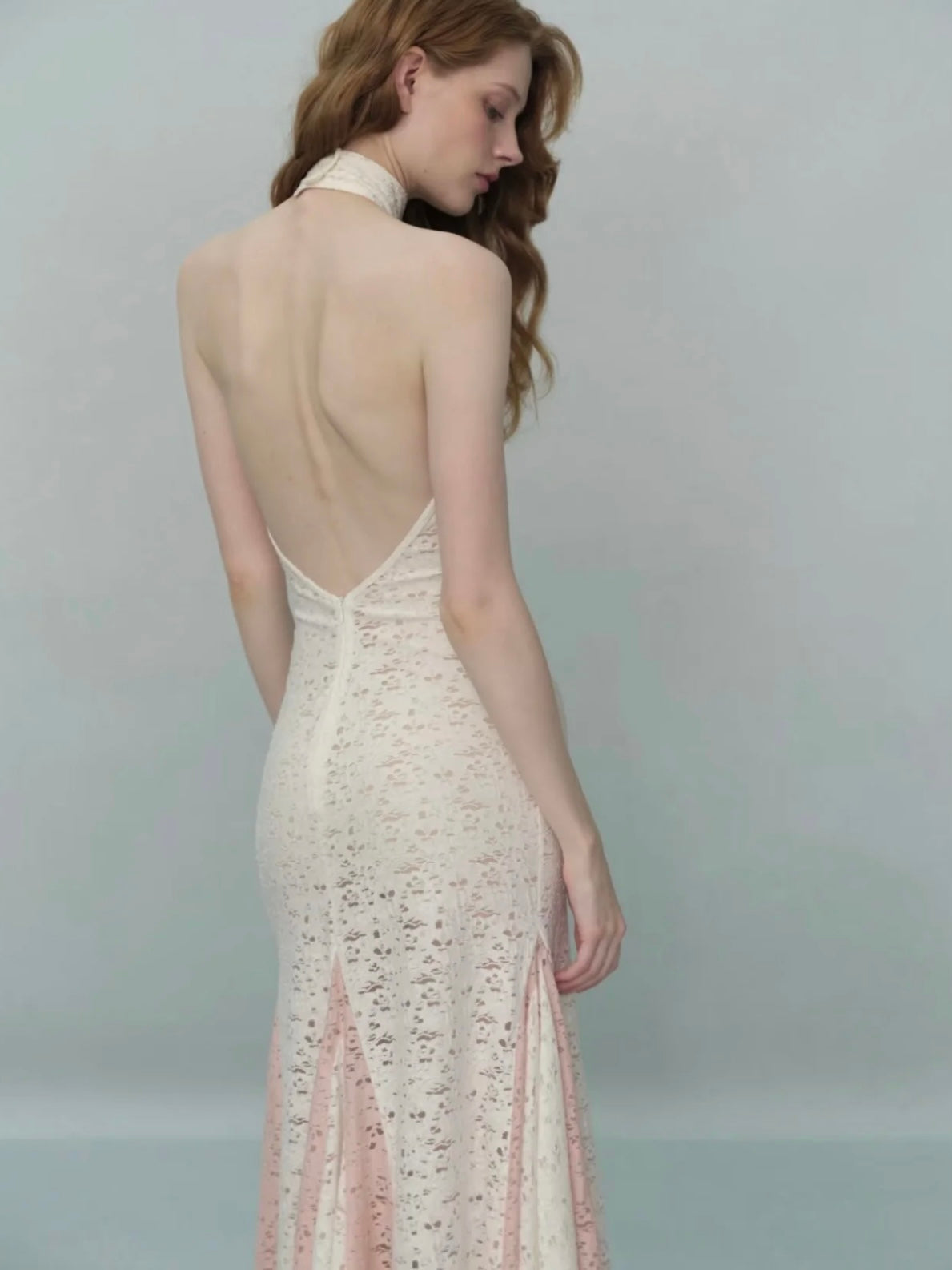 Stitched knitted halter neck backless dress