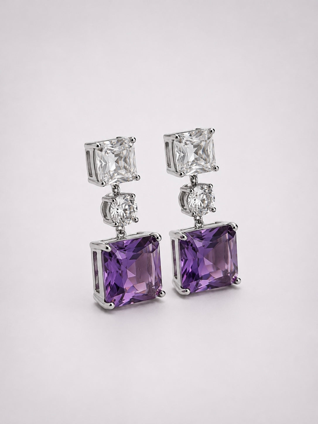 Square Natural Amethyst Tiered S925 Sterling Silver Drop Earrings