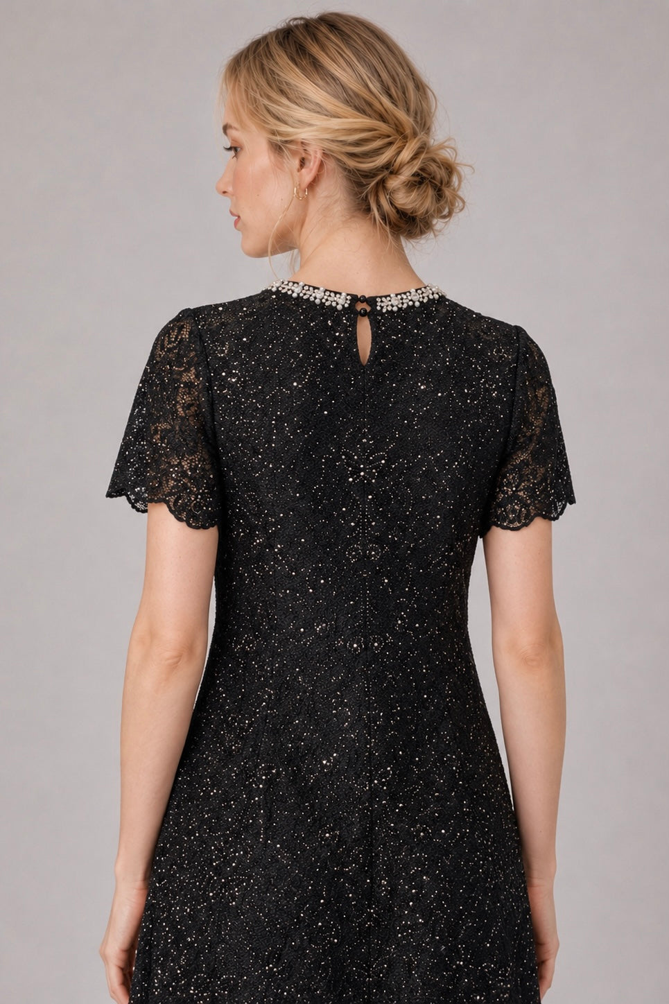 Black Sparkle Lace Midi Formal Dress With Pearl Neck（With built-in slip lining）