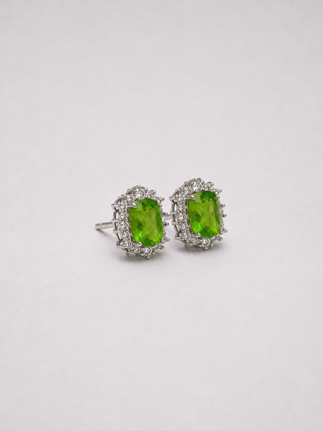 Oval Natural Peridot Halo S925 Sterling Silver Stud Earrings