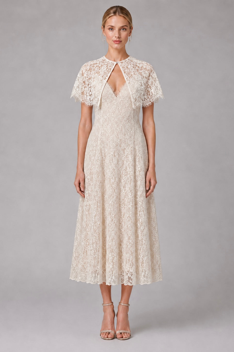 Detachable Lace Cape Midi Slip Dress With Built-In Bra
