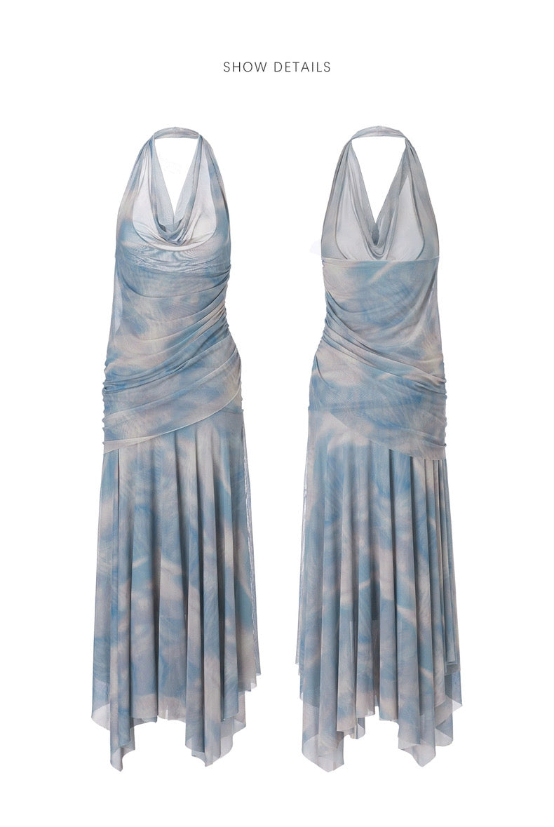 Backless mesh hanging neck lapel printed dress