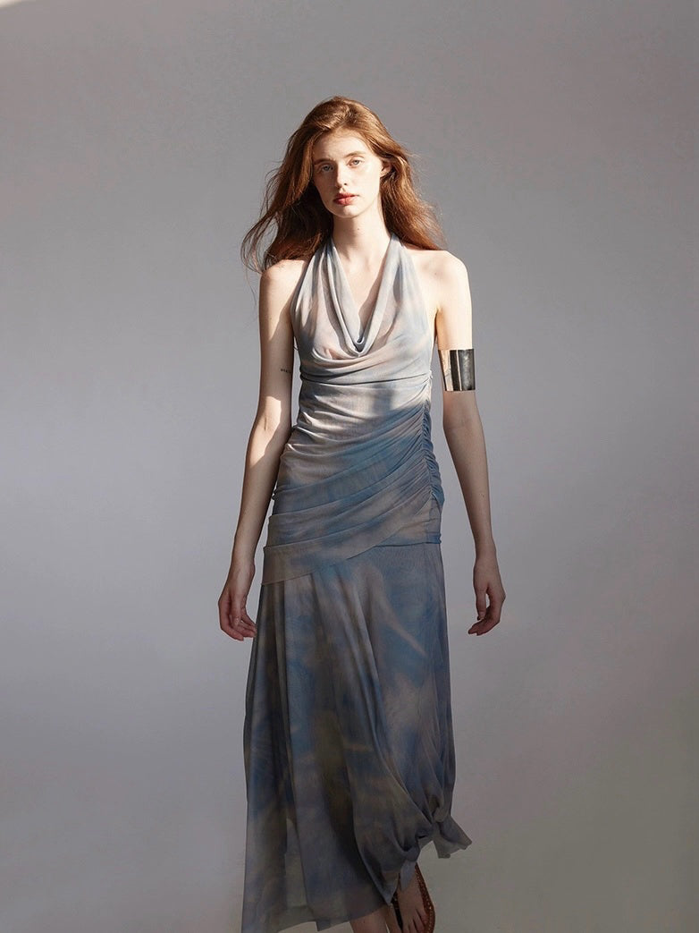 Backless mesh hanging neck lapel printed dress