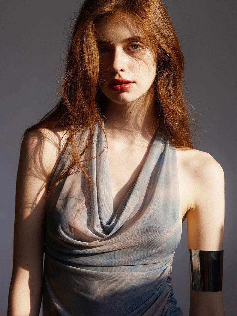 Backless mesh hanging neck lapel printed dress