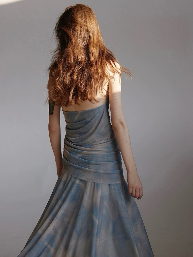 Backless mesh hanging neck lapel printed dress