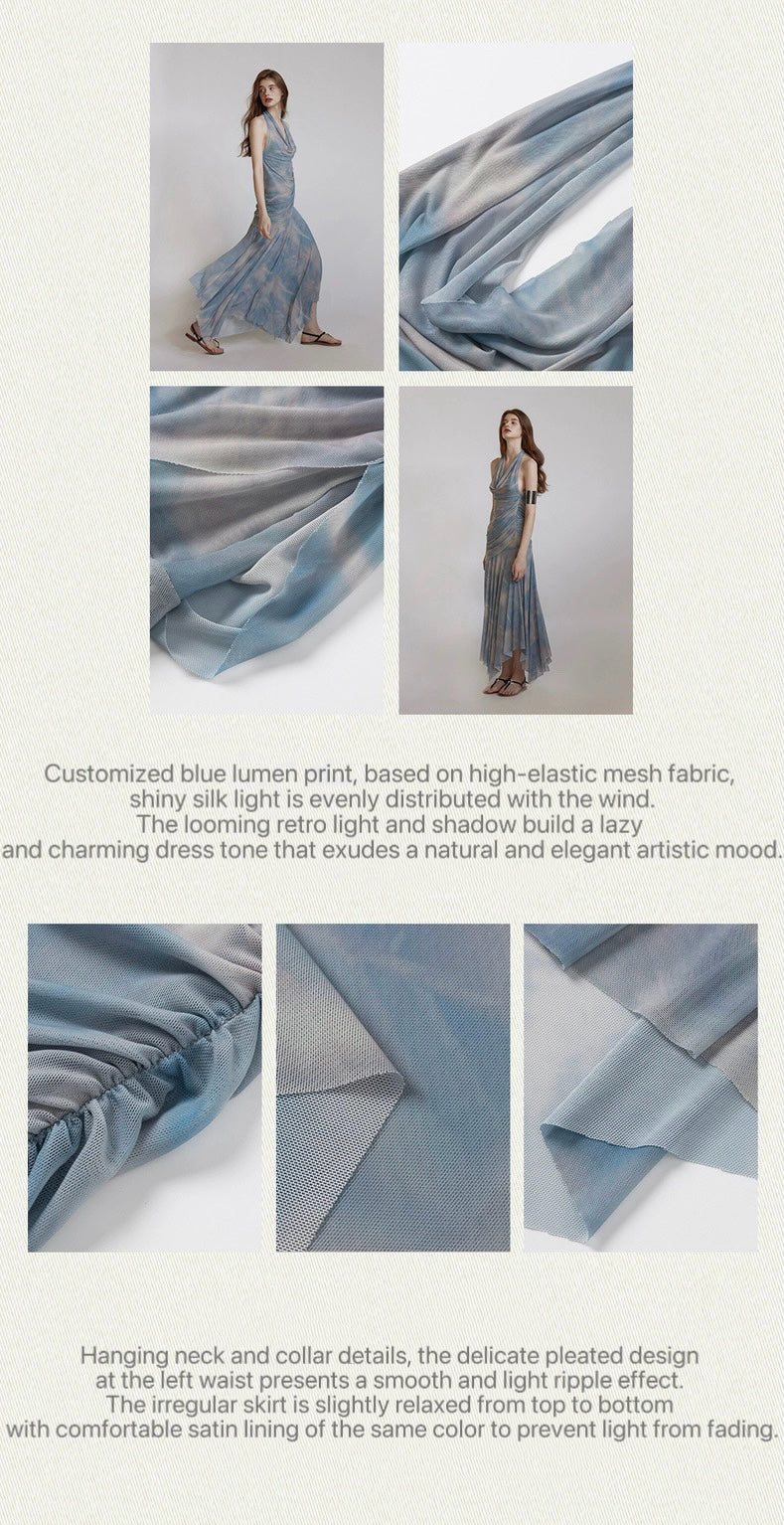 Backless mesh hanging neck lapel printed dress