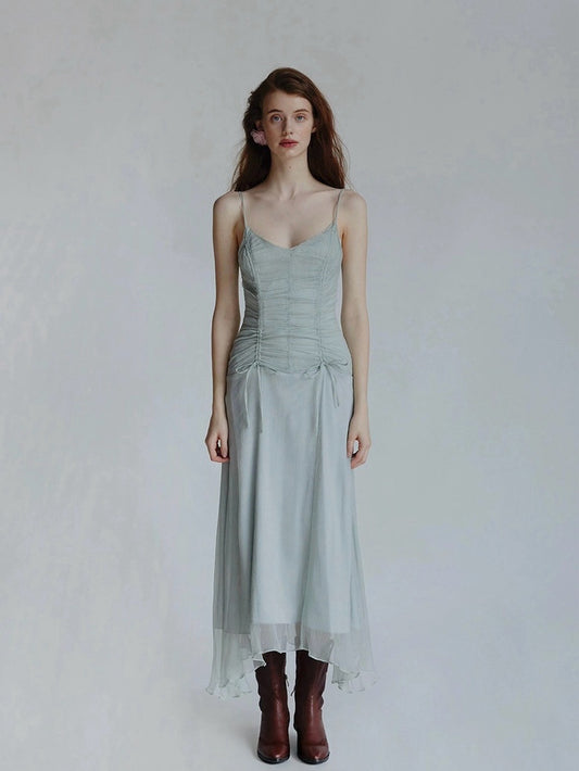 Drawstring pleated silk suspender skirt