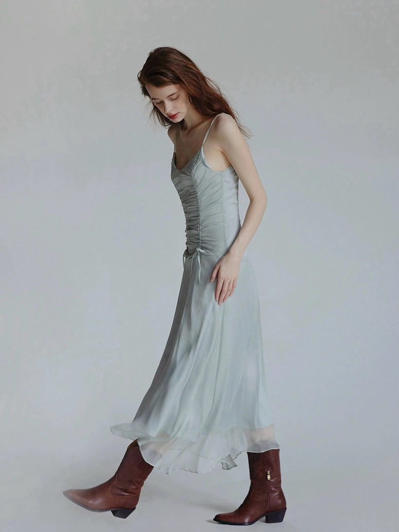 Drawstring pleated silk suspender skirt