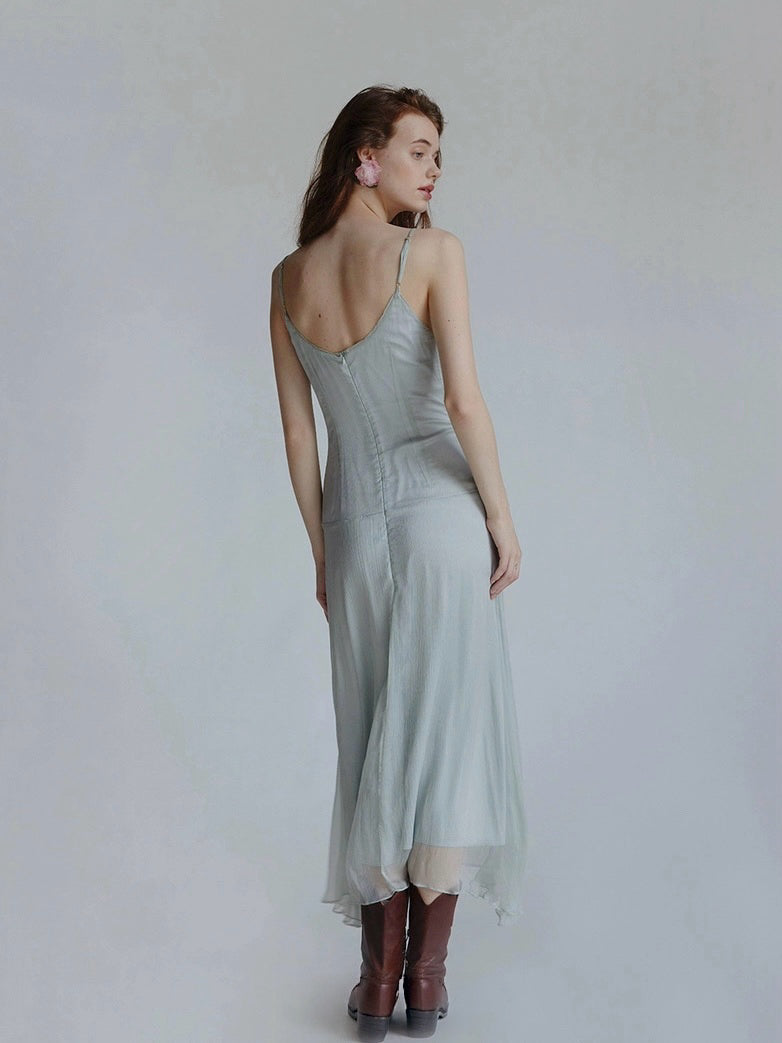 Drawstring pleated silk suspender skirt