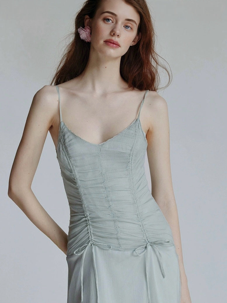 Drawstring pleated silk suspender skirt