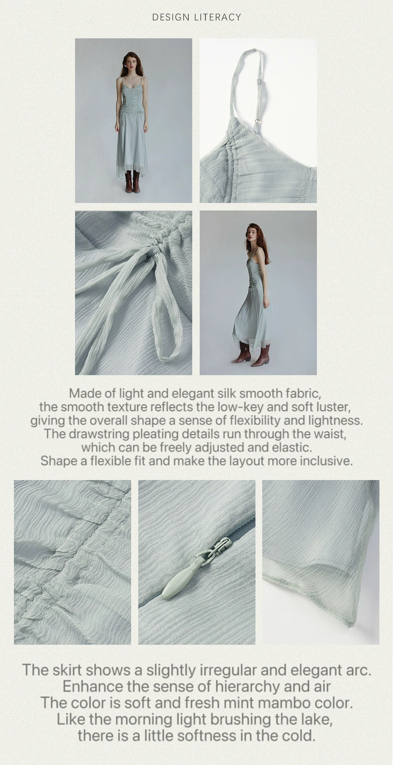 Drawstring pleated silk suspender skirt