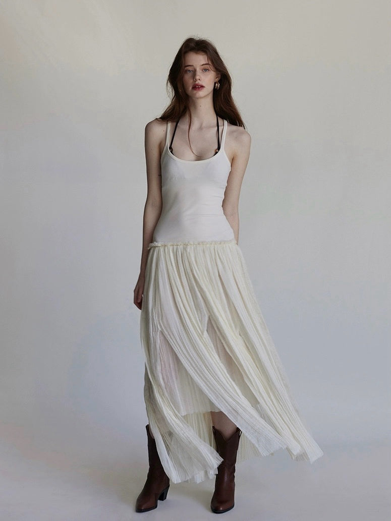 Destructive pleated mesh dress