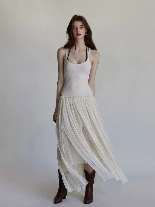 Destructive pleated mesh dress