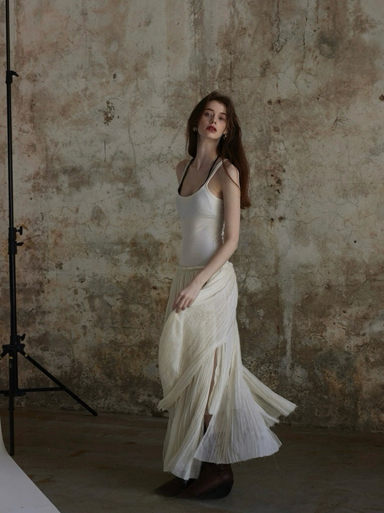 Destructive pleated mesh dress