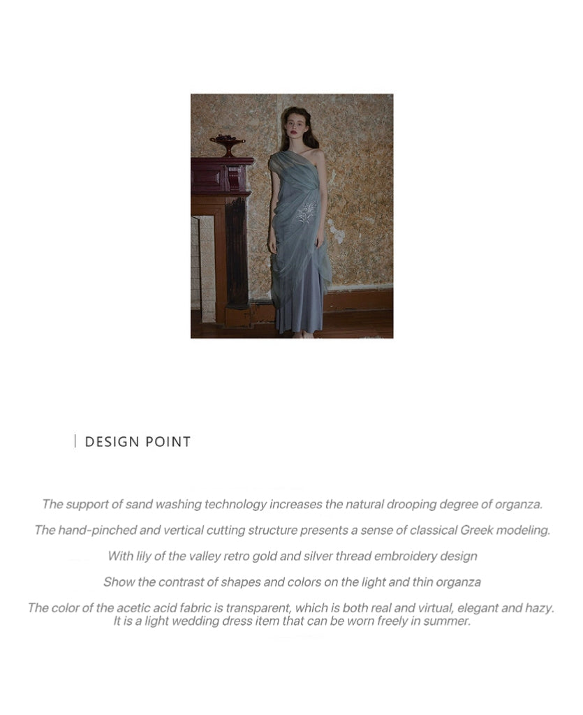 Standing silk organza hand-pinched pleated lily of the valley embroidered light wedding dress