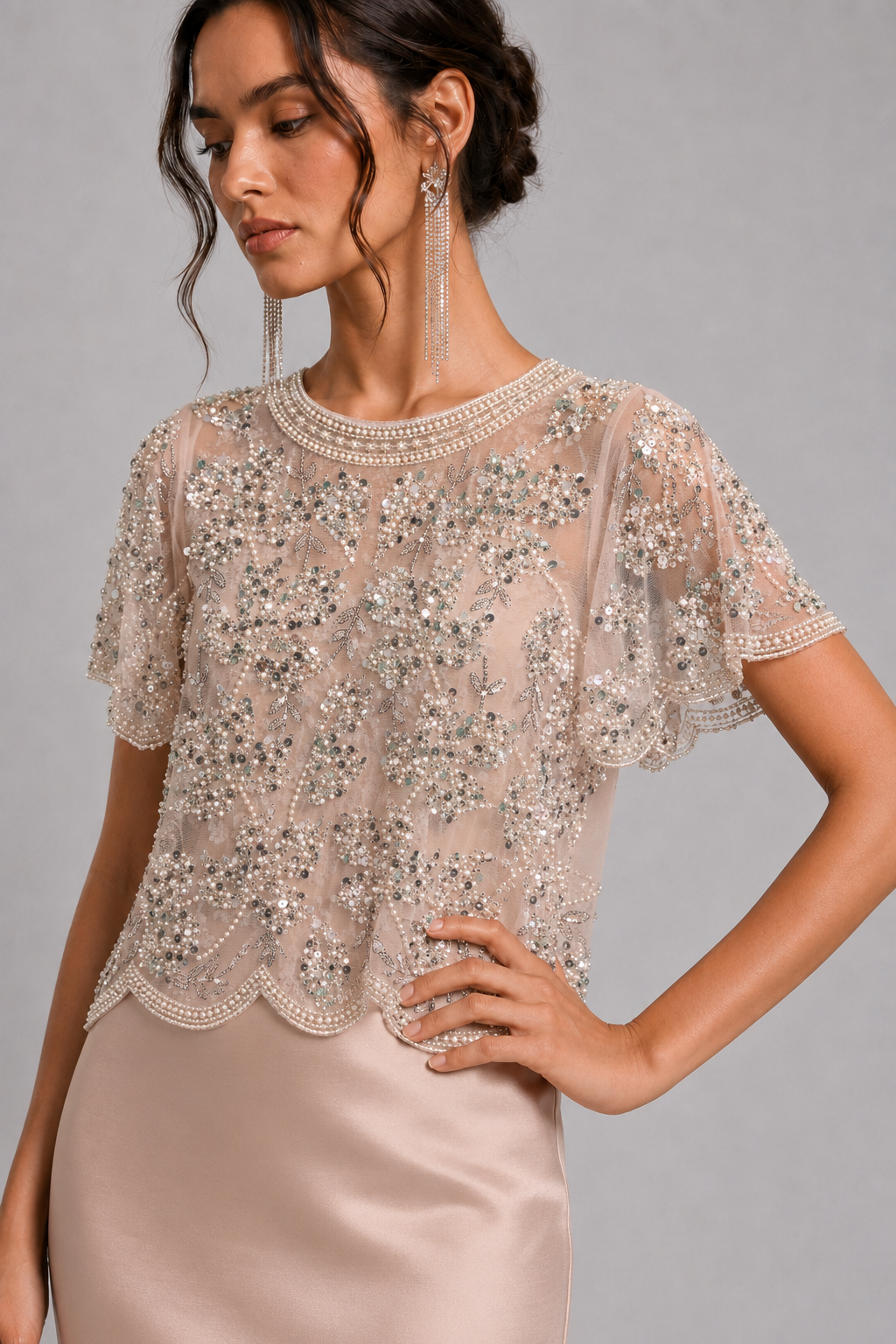 Womens Hand Embellished Floral Tulle Top Wedding Guest Cocktail Formal Blouse