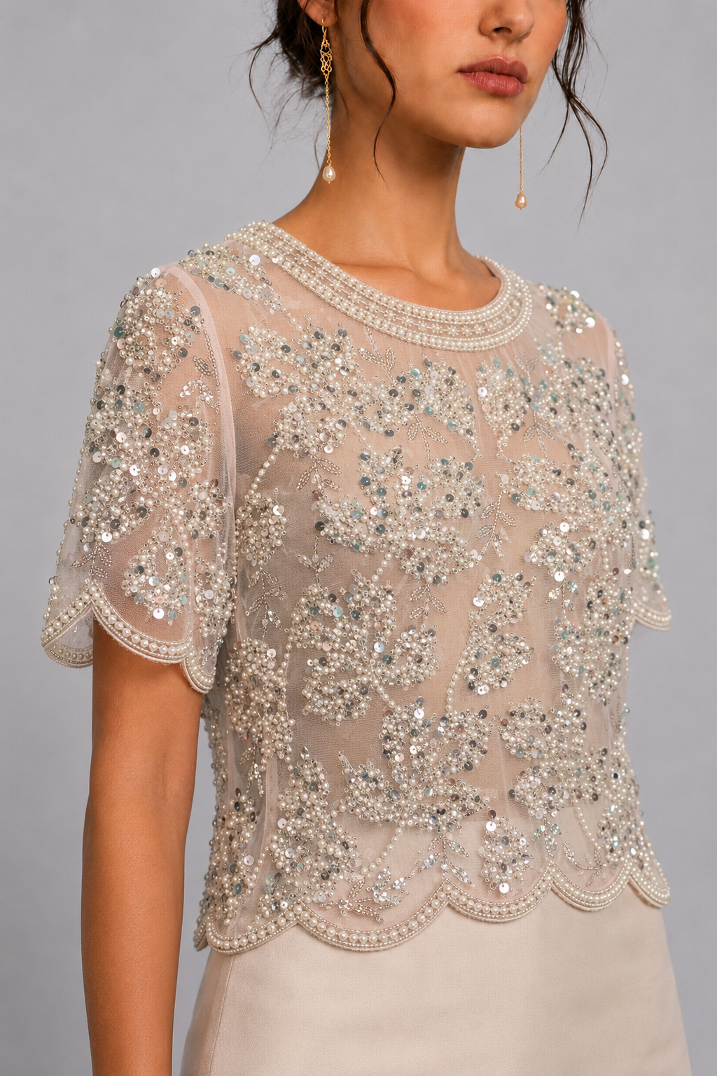 Womens Hand Embellished Floral Tulle Top Wedding Guest Cocktail Formal Blouse
