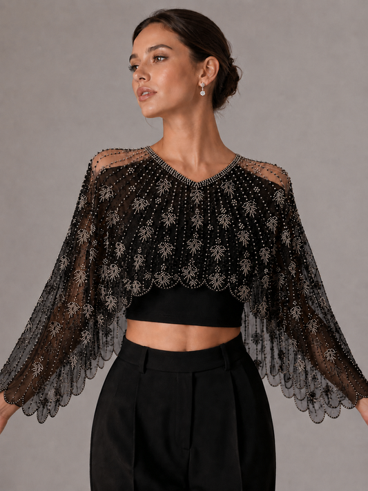 Sparkly Black Beaded Mesh Cape Shrug Evening Party Top