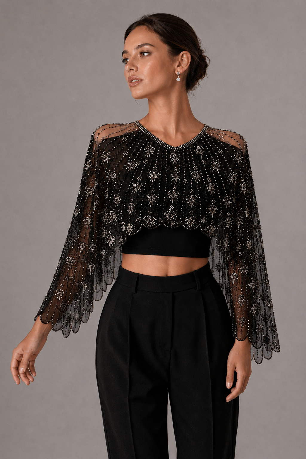Sparkly Black Beaded Mesh Cape Shrug Evening Party Top