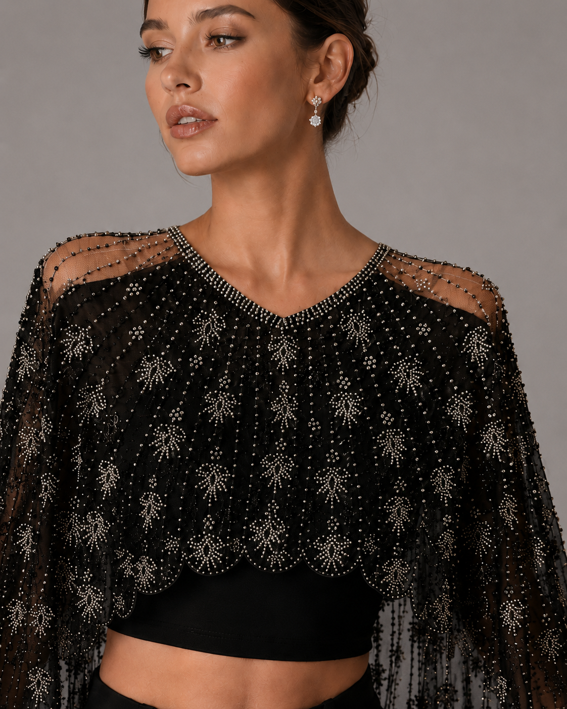 Sparkly Black Beaded Mesh Cape Shrug Evening Party Top
