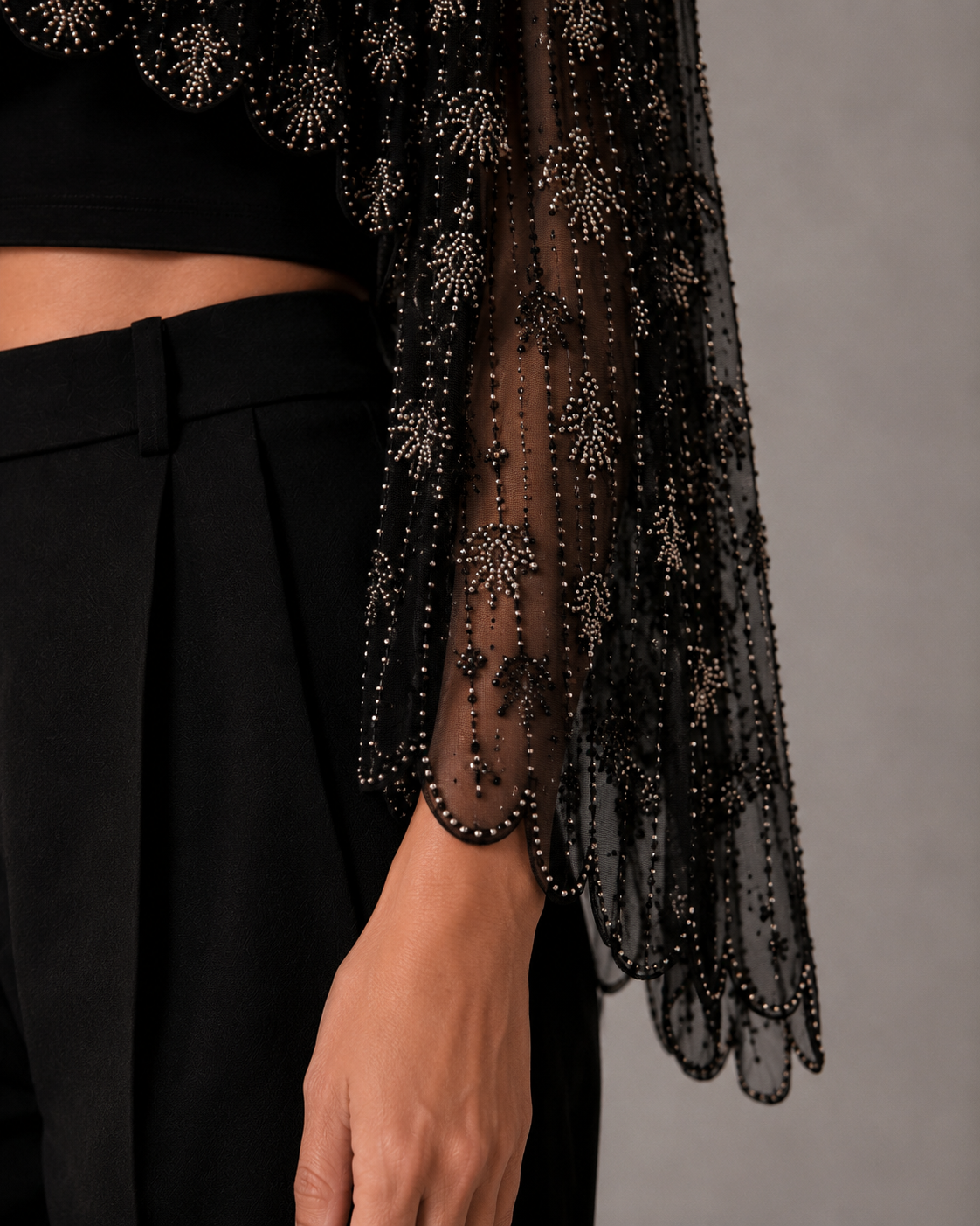 Sparkly Black Beaded Mesh Cape Shrug Evening Party Top