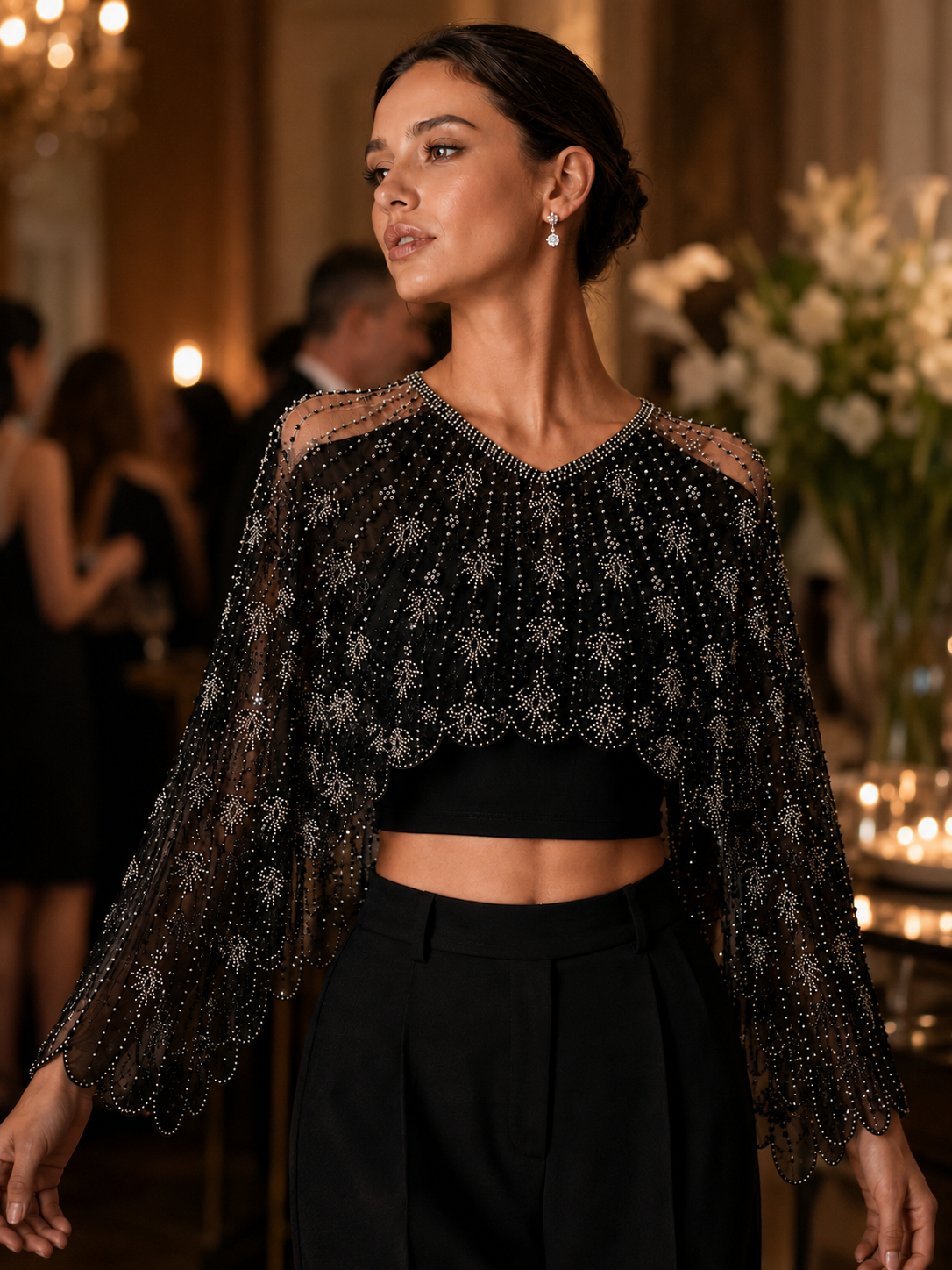 Sparkly Black Beaded Mesh Cape Shrug Evening Party Top